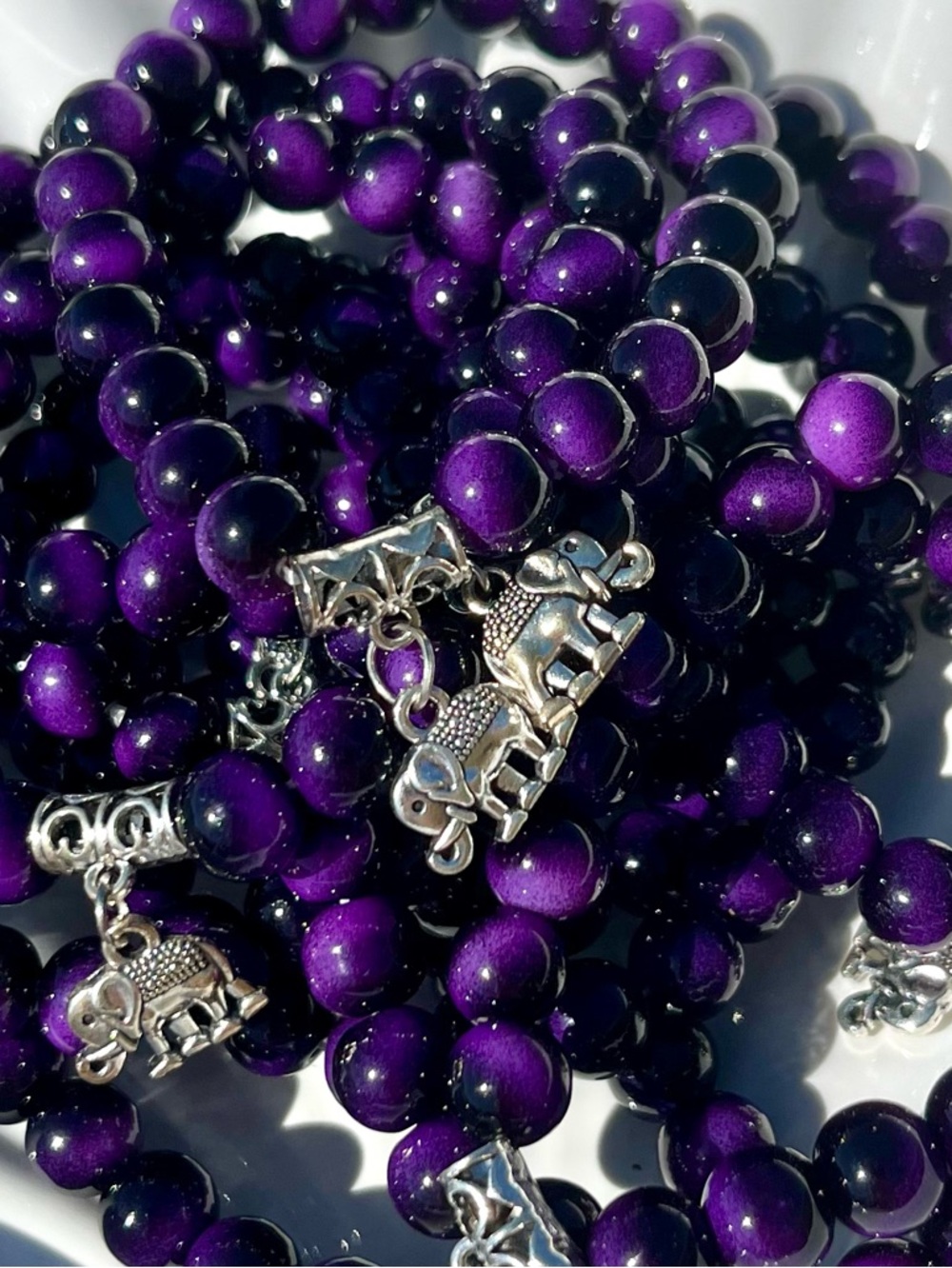 Purple & Black Ombré Glass Beaded Bracelet With Elephant Charm NWOT